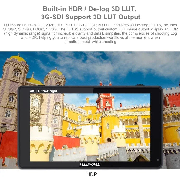 شاشة مراقبة ميدانية FEELWORLD LUT6S بدقة 1920x1080، 2600 نتس، 6 إنش IPS، HDMI، شاشة لمس 4K، SDI HDI، شاشة كاميرا، LUT6S