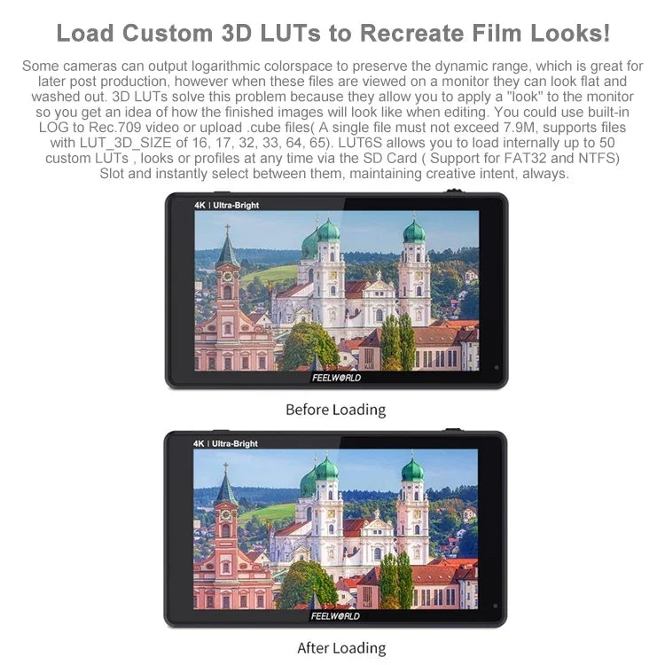 شاشة مراقبة ميدانية FEELWORLD LUT6S بدقة 1920x1080، 2600 نتس، 6 إنش IPS، HDMI، شاشة لمس 4K، SDI HDI، شاشة كاميرا، LUT6S