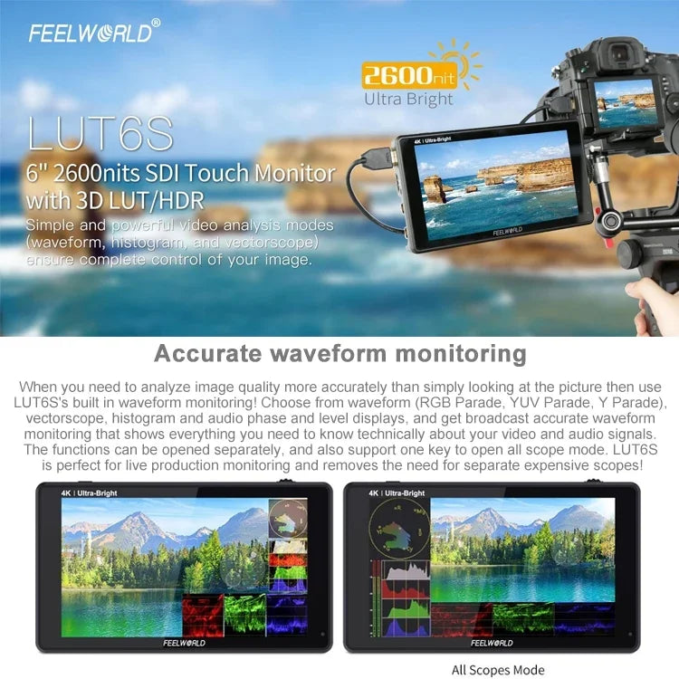 شاشة مراقبة ميدانية FEELWORLD LUT6S بدقة 1920x1080، 2600 نتس، 6 إنش IPS، HDMI، شاشة لمس 4K، SDI HDI، شاشة كاميرا، LUT6S
