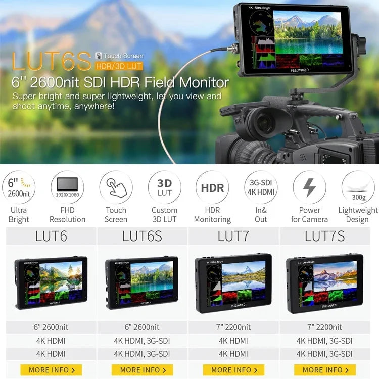 شاشة مراقبة ميدانية FEELWORLD LUT6S بدقة 1920x1080، 2600 نتس، 6 إنش IPS، HDMI، شاشة لمس 4K، SDI HDI، شاشة كاميرا، LUT6S
