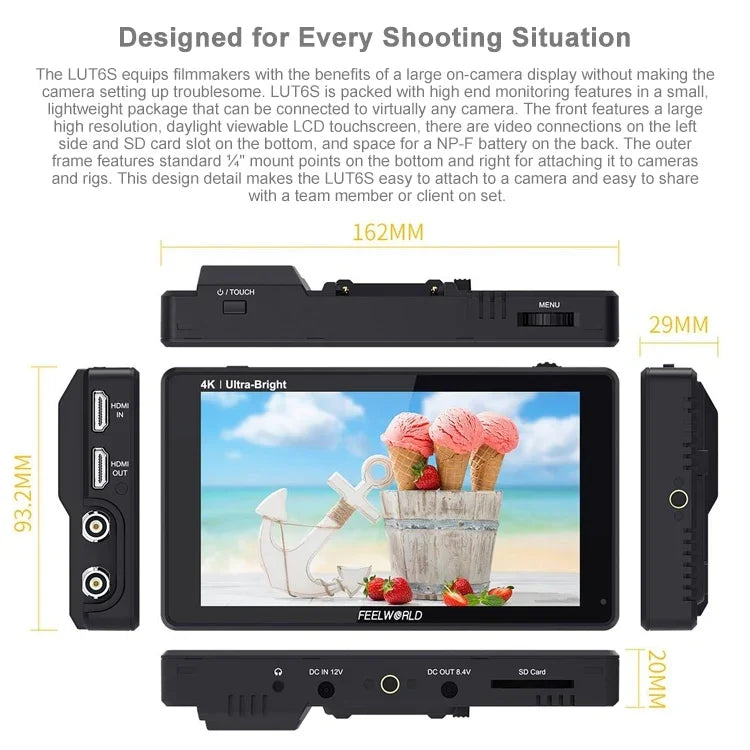 شاشة مراقبة ميدانية FEELWORLD LUT6S بدقة 1920x1080، 2600 نتس، 6 إنش IPS، HDMI، شاشة لمس 4K، SDI HDI، شاشة كاميرا، LUT6S