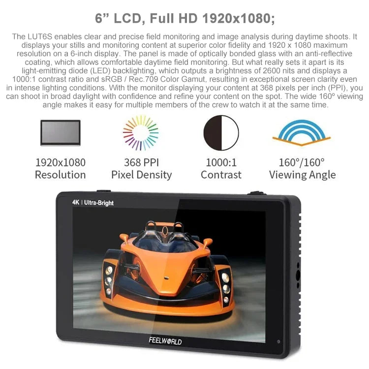 شاشة مراقبة ميدانية FEELWORLD LUT6S بدقة 1920x1080، 2600 نتس، 6 إنش IPS، HDMI، شاشة لمس 4K، SDI HDI، شاشة كاميرا، LUT6S