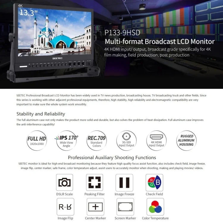 شاشة مراقبة ميدانية SEETEC P133-9HSD بدقة 1920x1080، 13.3 إنش، مستوى بث، Full HD، كاميرا وسائط، P133-9HSD