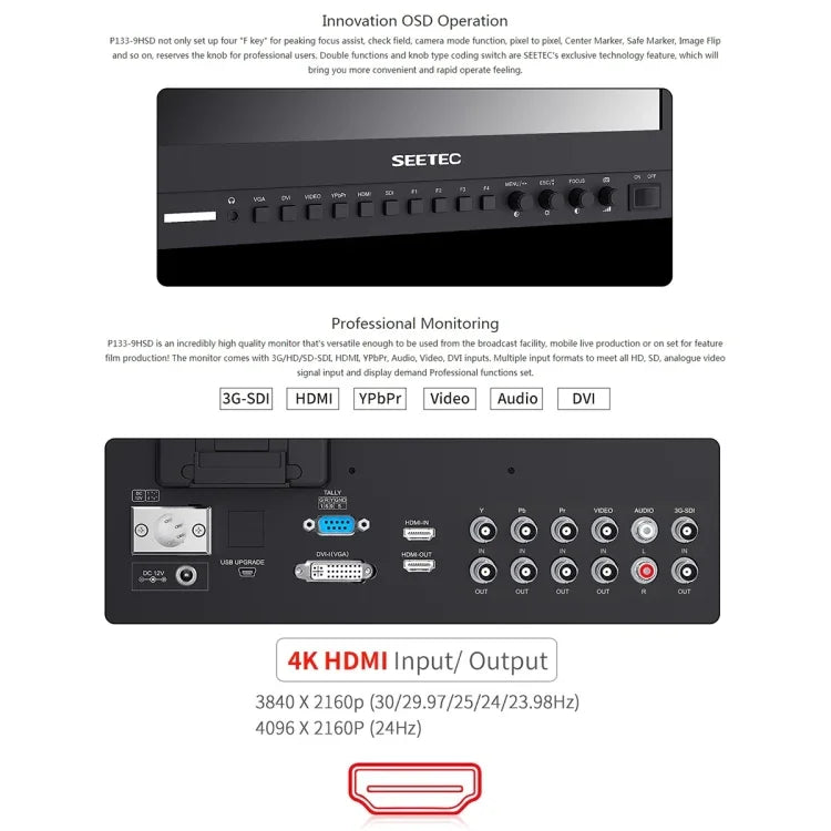 شاشة مراقبة ميدانية SEETEC P133-9HSD بدقة 1920x1080، 13.3 إنش، مستوى بث، Full HD، كاميرا وسائط، P133-9HSD