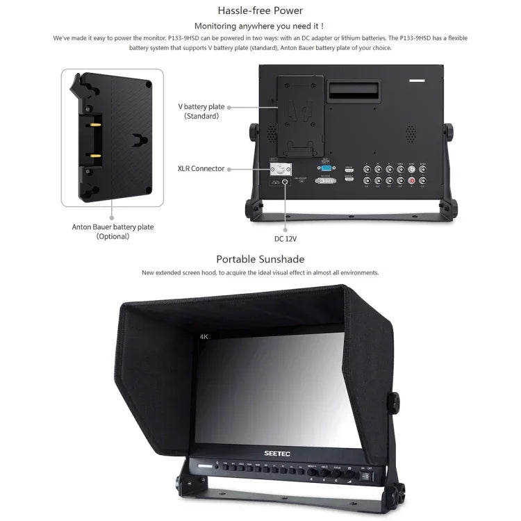شاشة مراقبة ميدانية SEETEC P133-9HSD بدقة 1920x1080، 13.3 إنش، مستوى بث، Full HD، كاميرا وسائط، P133-9HSD