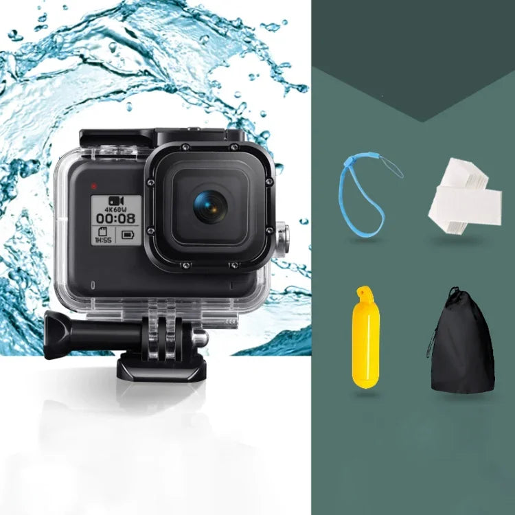 غطاء حماية مقاوم للماء حتى 45 متر لجهاز GoPro HERO8 Black مع إبزيم، قاعدة تثبيت أساسية، برغي، مقبض عائم، حزام، وملحقات مضادة للضباب، غطاء شفاف لـ HERO8
