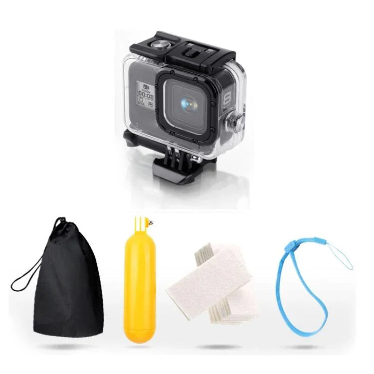 غطاء حماية مقاوم للماء حتى 45 متر لجهاز GoPro HERO8 Black مع إبزيم، قاعدة تثبيت أساسية، برغي، مقبض عائم، حزام، وملحقات مضادة للضباب، غطاء شفاف لـ HERO8