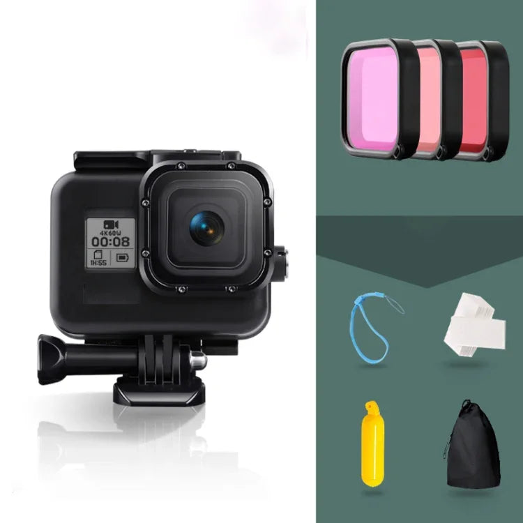 غطاء واقي مقاوم للماء حتى 45م لكاميرا GoPro HERO8 Black مع مشبك، قاعدة أساسية، برغي، فلاتر (بنفسجي، أحمر، وردي)، مقبض عائم، حزام، وملحقات مضادة للضباب، غطاء شفاف لكاميرا HERO8 مع الفلاتر