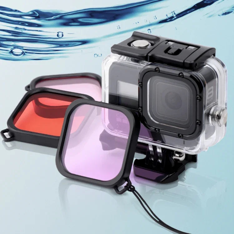 غطاء واقي مقاوم للماء حتى 45م لكاميرا GoPro HERO8 Black مع مشبك، قاعدة أساسية، برغي، فلاتر (بنفسجي، أحمر، وردي)، مقبض عائم، حزام، وملحقات مضادة للضباب، غطاء شفاف لكاميرا HERO8 مع الفلاتر
