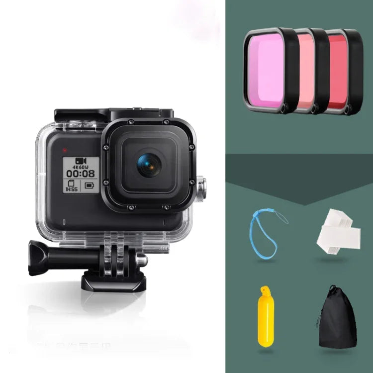 غطاء حماية مقاوم للماء حتى 45 متر لجهاز GoPro HERO8 Black مع إبزيم، قاعدة تثبيت أساسية، برغي، فلاتر (بنفسجي، أحمر، وردي)، مقبض عائم، حزام، وملحقات مضادة للضباب، غطاء أسود لـ HERO8 + فلاتر