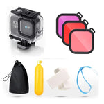 غطاء حماية مقاوم للماء حتى 45 متر لجهاز GoPro HERO8 Black مع إبزيم، قاعدة تثبيت أساسية، برغي، فلاتر (بنفسجي، أحمر، وردي)، مقبض عائم، حزام، وملحقات مضادة للضباب، غطاء أسود لـ HERO8 + فلاتر