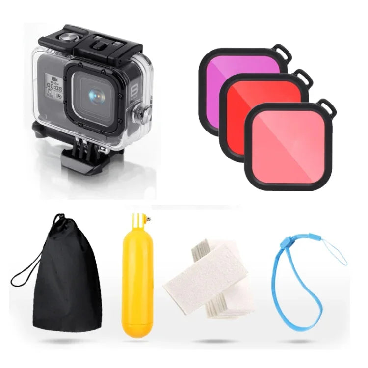 غطاء حماية مقاوم للماء حتى 45 متر لجهاز GoPro HERO8 Black مع إبزيم، قاعدة تثبيت أساسية، برغي، فلاتر (بنفسجي، أحمر، وردي)، مقبض عائم، حزام، وملحقات مضادة للضباب، غطاء أسود لـ HERO8 + فلاتر