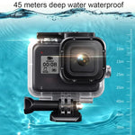 غطاء حماية مقاوم للماء حتى 45 متر لجهاز GoPro HERO8 Black مع إبزيم، قاعدة تثبيت أساسية، برغي، فلاتر (بنفسجي، أحمر، وردي)، مقبض عائم، حزام، وملحقات مضادة للضباب، غطاء أسود لـ HERO8 + فلاتر