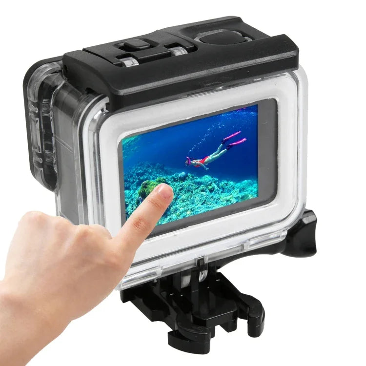 غطاء حماية مقاوم للماء حتى 30 متر لجهاز GoPro HERO5 مصنوع من PC و ABS + غطاء خلفي لمسية مع إبزيم، قاعدة تثبيت أساسية، برغي طويل، حجم الغطاء الخلفي: 7 × 6 سم، غطاء حماية