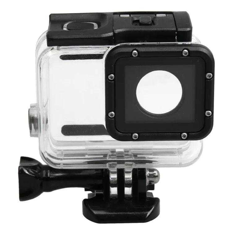 غطاء حماية مقاوم للماء حتى 30 متر لجهاز GoPro HERO5 مصنوع من PC و ABS + غطاء خلفي لمسية مع إبزيم، قاعدة تثبيت أساسية، برغي طويل، حجم الغطاء الخلفي: 7 × 6 سم، غطاء حماية
