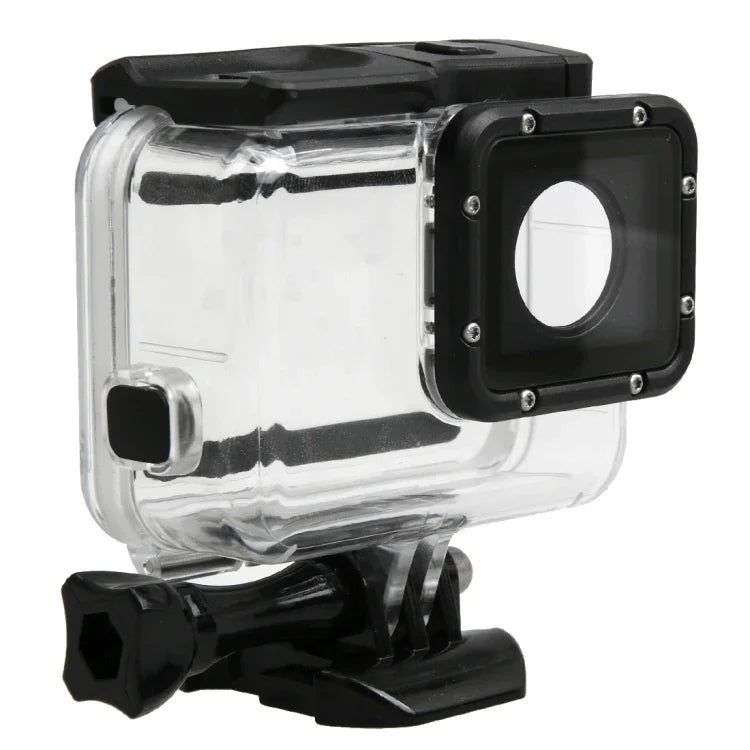 غطاء حماية مقاوم للماء حتى 30 متر لجهاز GoPro HERO5 مصنوع من PC و ABS + غطاء خلفي لمسية مع إبزيم، قاعدة تثبيت أساسية، برغي طويل، حجم الغطاء الخلفي: 7 × 6 سم، غطاء حماية