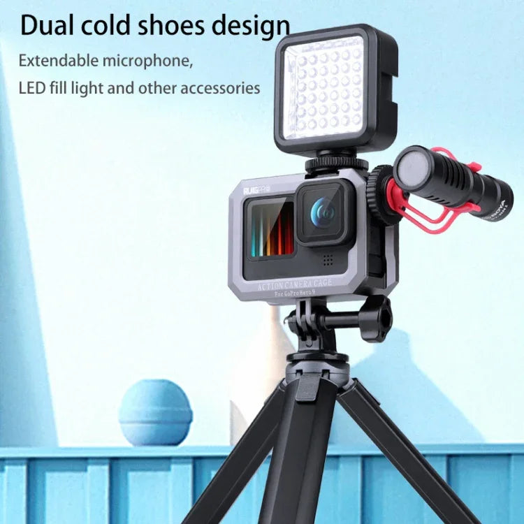 قفص حماية بإطار معدني مع قاعدة حذاء بارد مزدوج فضي رمادي من RUIGPRO لكاميرات GoPro HERO10 Black / HERO9 Black