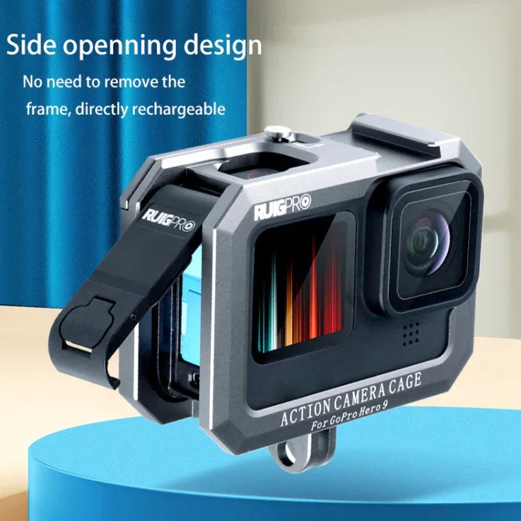 قفص حماية بإطار معدني مع قاعدة حذاء بارد مزدوج فضي رمادي من RUIGPRO لكاميرات GoPro HERO10 Black / HERO9 Black