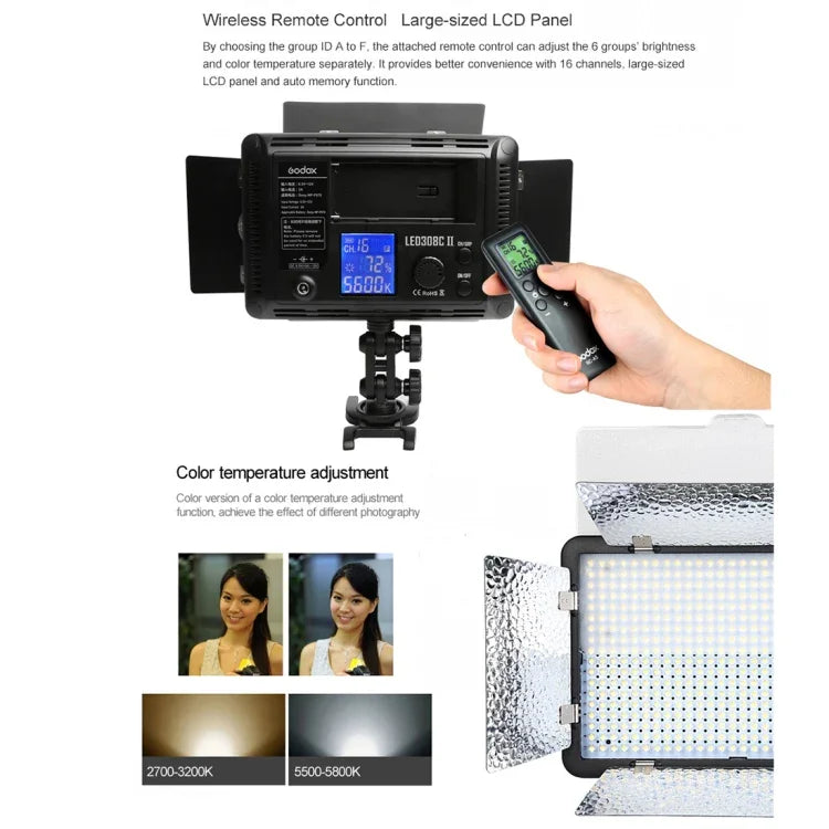ضوء تصوير LED قابل للتعتيم Godox LED308C II 308LEDs 860LUX احترافي للتدوين الفيديو والتصوير لفيديوهات Canon / Nikon DSLR