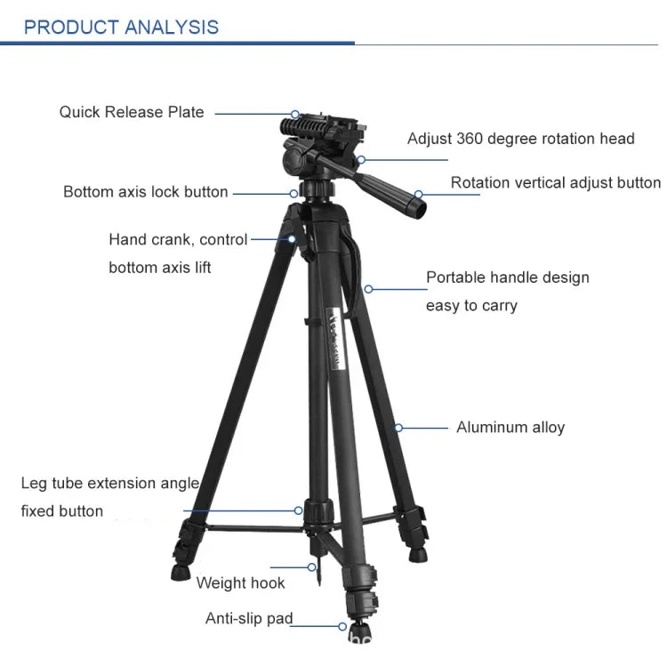 حامل ترايبود من الألمنيوم بثلاثة أقسام قابل للطي للبث المباشر، WeiFeng WT-3560