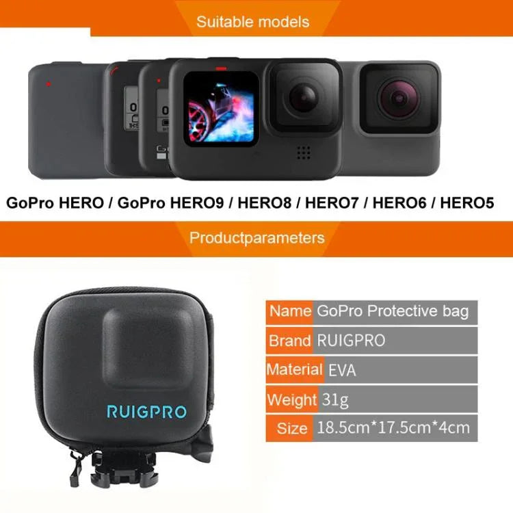 علبة حماية تخزين EVA صغيرة فائقة من RUIGPRO لكاميرات GoPro Hero11 Black / HERO10 Black / HERO9 Black / HERO8 Black /7 /6 /5، لـ GoPro HERO7 /6 /5