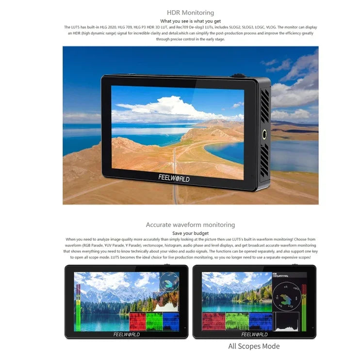 شاشة مراقبة ميدانية DSLR بقياس 5.5 بوصة FEELWORLD LUT5 فائقة السطوع 3000 نت تعمل باللمس، LUT5