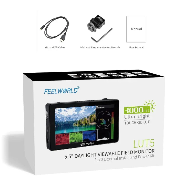 شاشة مراقبة ميدانية DSLR بقياس 5.5 بوصة FEELWORLD LUT5 فائقة السطوع 3000 نت تعمل باللمس، LUT5