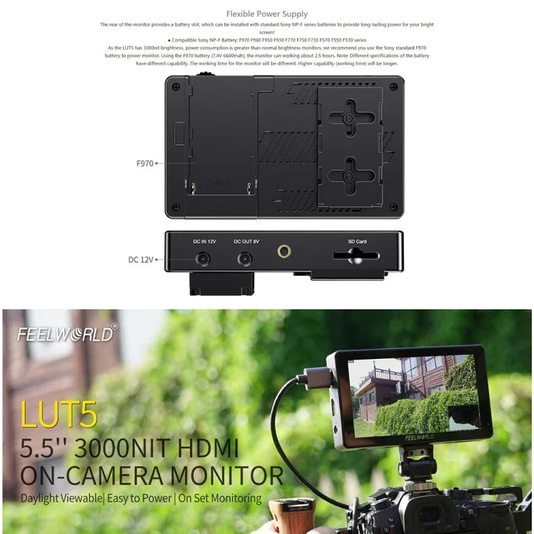 شاشة مراقبة ميدانية DSLR بقياس 5.5 بوصة FEELWORLD LUT5 فائقة السطوع 3000 نت تعمل باللمس، LUT5