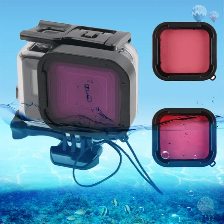 غطاء حماية مقاوم للماء بعمق 45 متر + غطاء خلفي بشاشة لمس لكاميرا GoPro NEW HERO / HERO6 / 5، مع إبزيم تثبيت أساسي وبرغي ومرشحات (بنفسجي، أحمر، وردي)، لا حاجة لإزالة العدسة، شاشة لمس + مرشحات (شفاف)