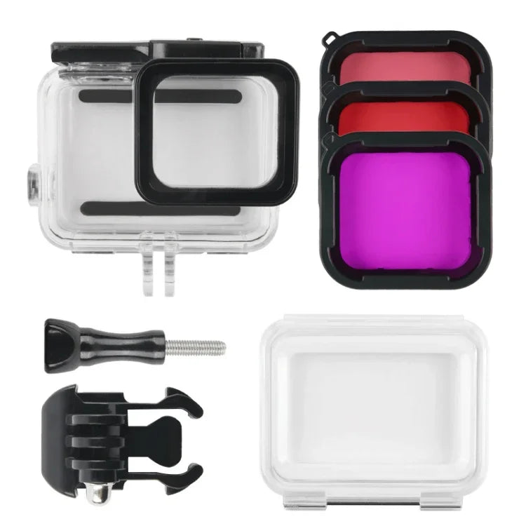 غطاء حماية مقاوم للماء بعمق 45 متر + غطاء خلفي بشاشة لمس لكاميرا GoPro NEW HERO / HERO6 / 5، مع إبزيم تثبيت أساسي وبرغي ومرشحات (بنفسجي، أحمر، وردي)، لا حاجة لإزالة العدسة، شاشة لمس + مرشحات (شفاف)