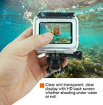 غطاء حماية مقاوم للماء بعمق 45 متر + غطاء خلفي بشاشة لمس لكاميرا GoPro NEW HERO / HERO6 / 5، مع إبزيم تثبيت أساسي وبرغي ومرشحات (بنفسجي، أحمر، وردي)، لا حاجة لإزالة العدسة، شاشة لمس + مرشحات (شفاف)