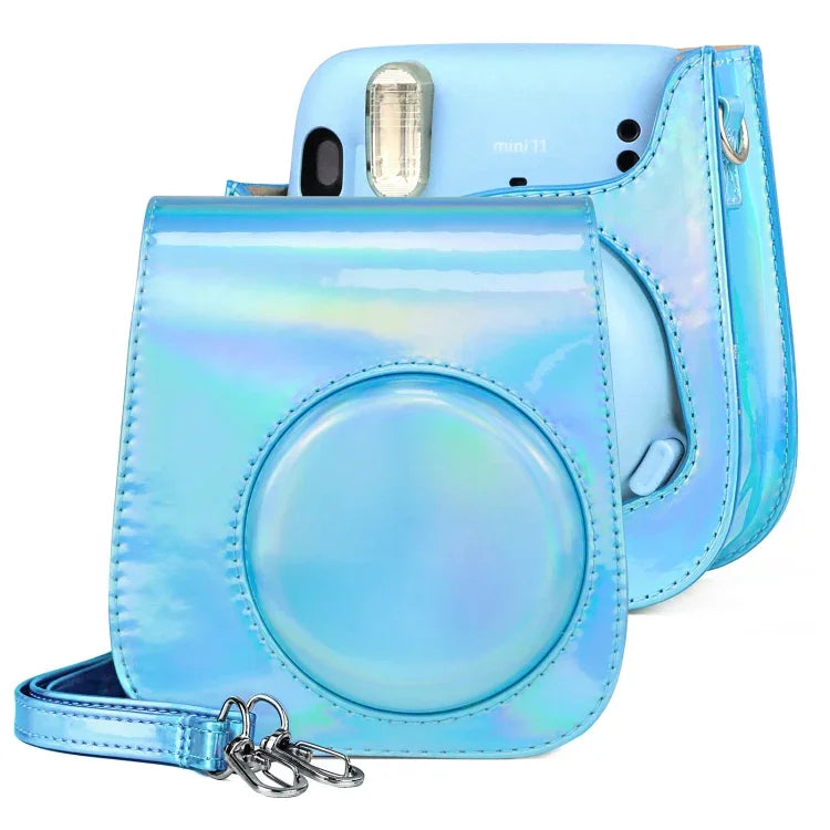 حافظة كاميرا جلدية ملونة أوورا كاملة الجسم مع حزام كتف لكاميرا FUJIFILM Instax mini 11، أزرق