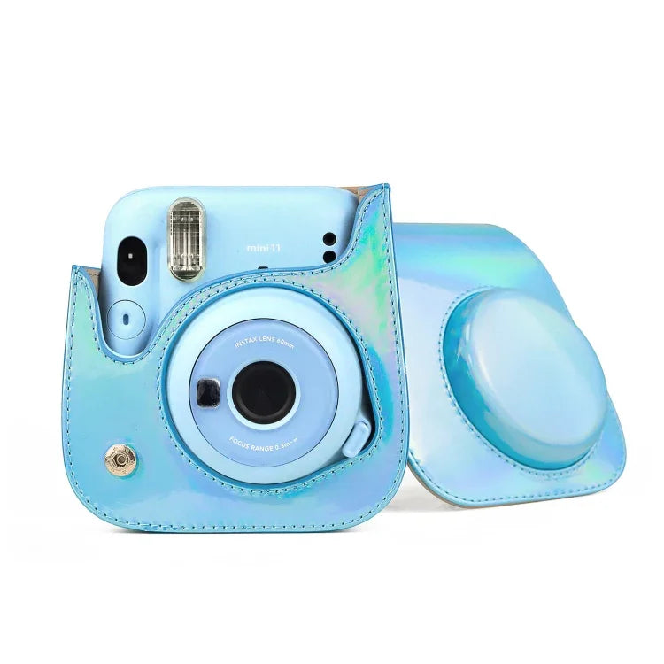 حافظة كاميرا جلدية ملونة أوورا كاملة الجسم مع حزام كتف لكاميرا FUJIFILM Instax mini 11، أزرق