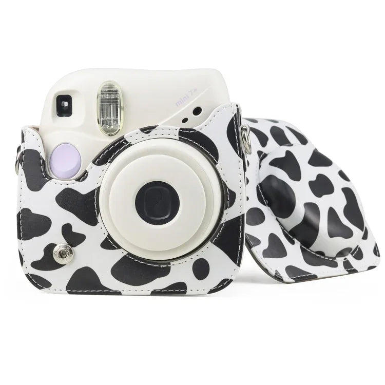 حافظة كاميرا جلدية PU كاملة الجسم بطبعة بقرة الحليب مع حزام لكاميرا FUJIFILM instax mini 7+، بقرة الحليب