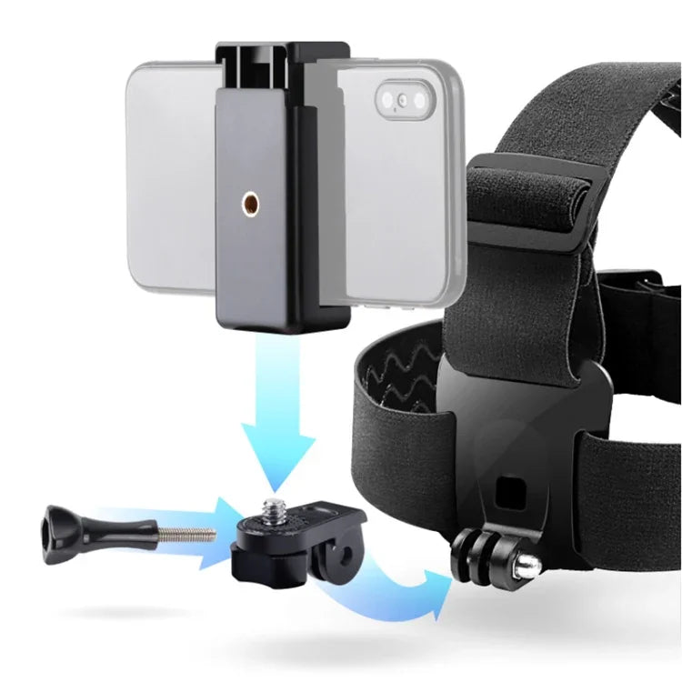 حزام تثبيت مرن قابل للتعديل مع مشبك هاتف وبرغي ومحول نوع S لكاميرات GoPro HERO10 Black / HERO9 Black / 8 / 7 / 6 / 5، Xiaoyi وغيرها من كاميرات الأكشن والهواتف الذكية