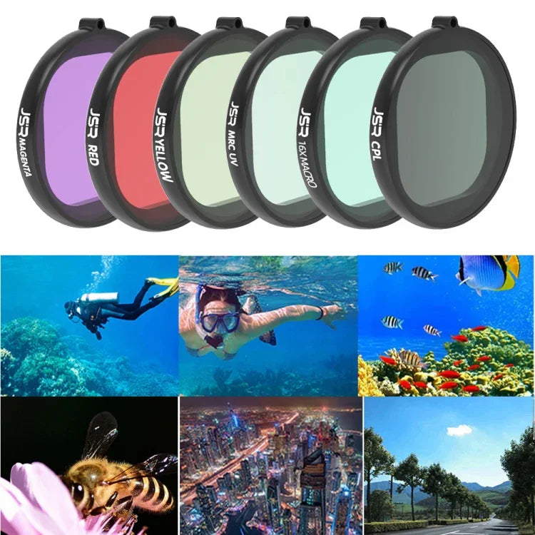 فلتر عدسة JSR غطاء دائري للغوص 6 في 1 UV + CPL + ماكرو 16X + أحمر + أصفر + بنفسجي لكاميرا GoPro HERO8 Black، عدسة 6 في 1