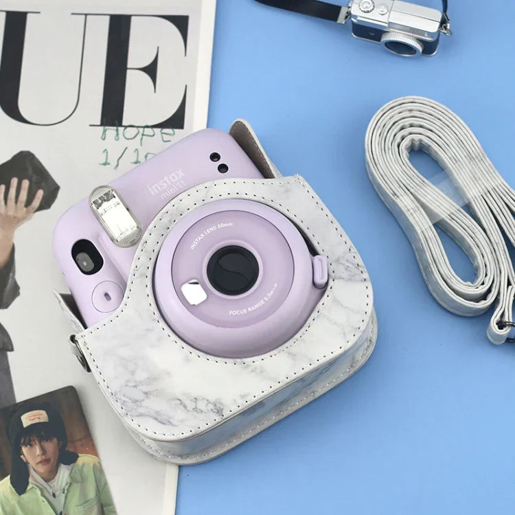 غطاء كامل من الجلد لحقيبة كاميرا FUJIFILM instax mini 11 / 9 / 8 بنقشة الرخام مع حزام