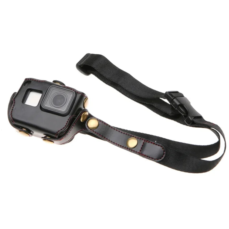 غطاء حماية من جلد PU لكاميرا GoPro HERO7 Black /6 /5 مع حزام عنق وأزرار، جلد PU (بني)، جلد PU (قهوة)، جلد PU (أسود)