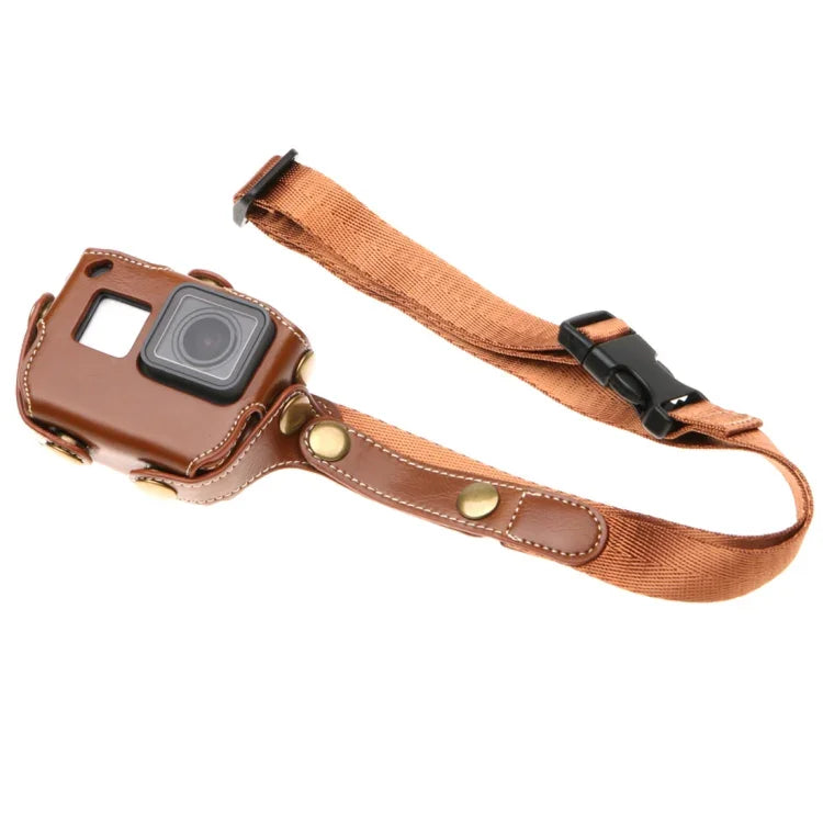 غطاء حماية من جلد PU لكاميرا GoPro HERO7 Black /6 /5 مع حزام عنق وأزرار، جلد PU (بني)، جلد PU (قهوة)، جلد PU (أسود)
