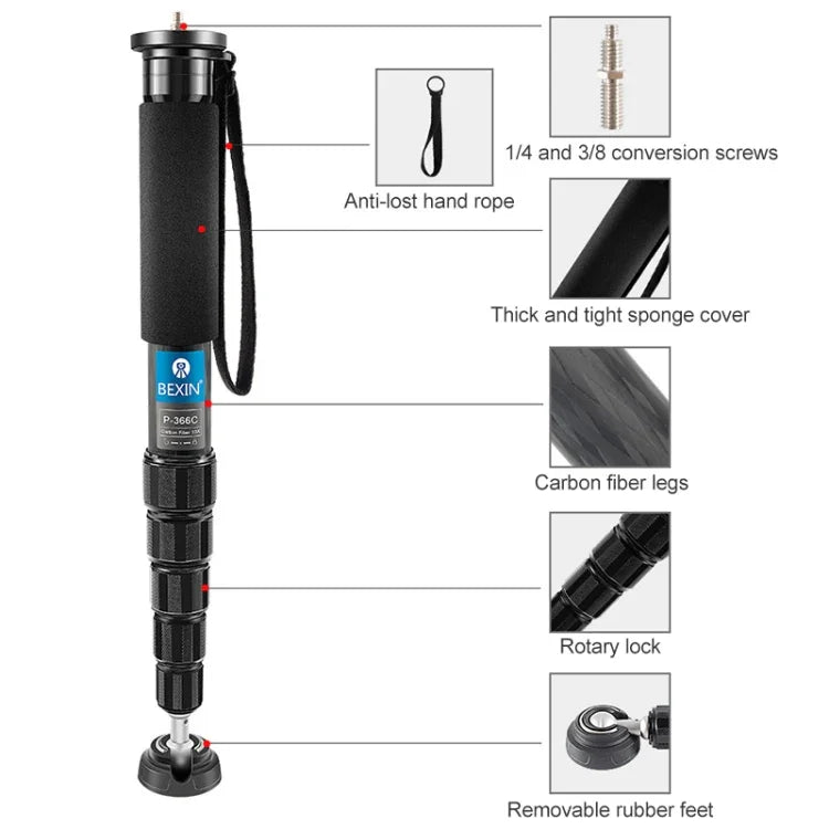 حامل عصا أحادية ألياف الكربون كاميرا BEXIN P336C للسفر والبث المباشر، P336C