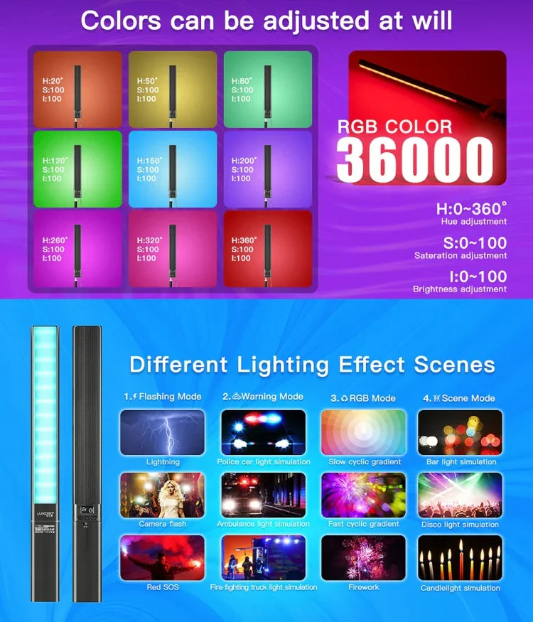 LUXCeO P6 RGB ضوء فيديو LED عصا ملونة للتحكم اليدوي عبر التطبيق، ضوء تعبئة LED كامل الألوان، P6