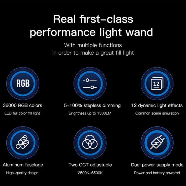 LUXCeO P6 RGB ضوء فيديو LED عصا ملونة للتحكم اليدوي عبر التطبيق، ضوء تعبئة LED كامل الألوان، P6