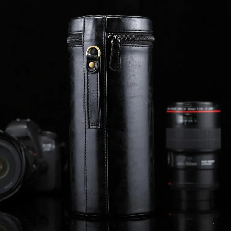 حقيبة عدسات كبيرة الحجم من الجلد الصناعي بسحاب لحفظ عدسات كاميرات DSLR، الحجم: 24.5*10.5*10.5 سم، 24.5 × 10.5 سم (بني)، 24.5 × 10.5 سم (قهوة)، 24.5 × 10.5 سم (أسود)