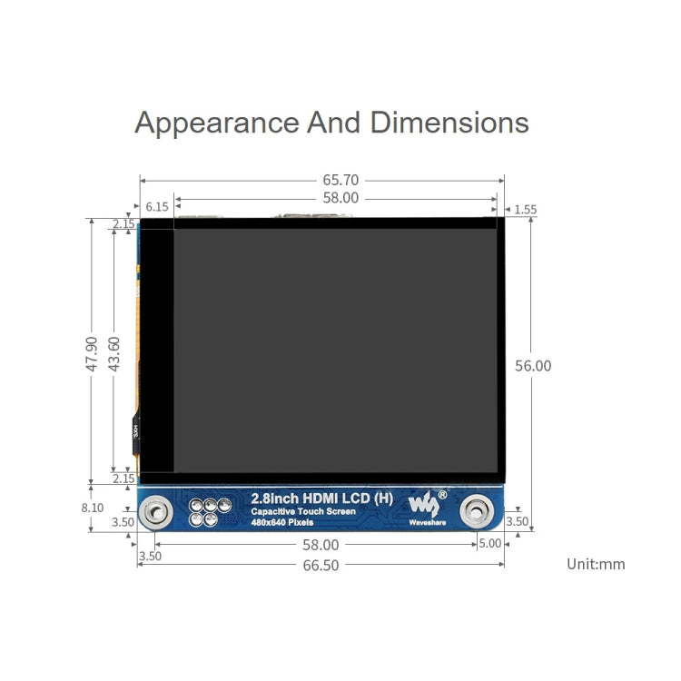 شاشة LCD Waveshare بحجم 2.8 بوصة بدقة 480x640 HDMI IPS (H) شاشة كاملة الترقيم