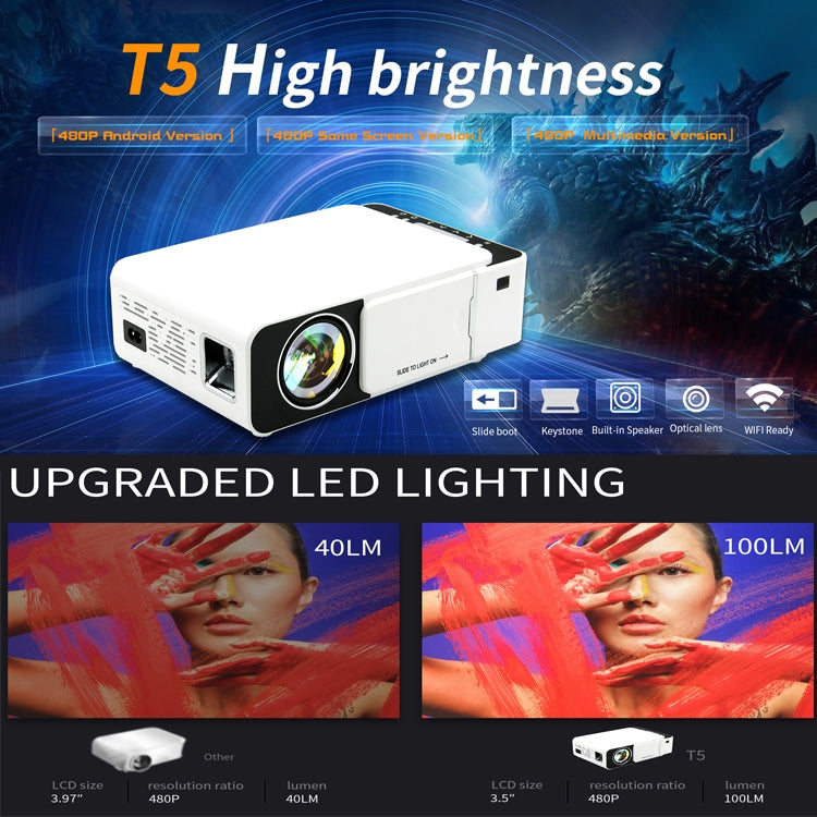 جهاز عرض ذكي T5 بتقنية LED+LCD، 100 لومن ANSI، دقة 800x400، 480P، يدعم HDMI / بطاقة SD / 2 × USB / صوت 3.5 مم، النسخة العادية، النسخة العادية