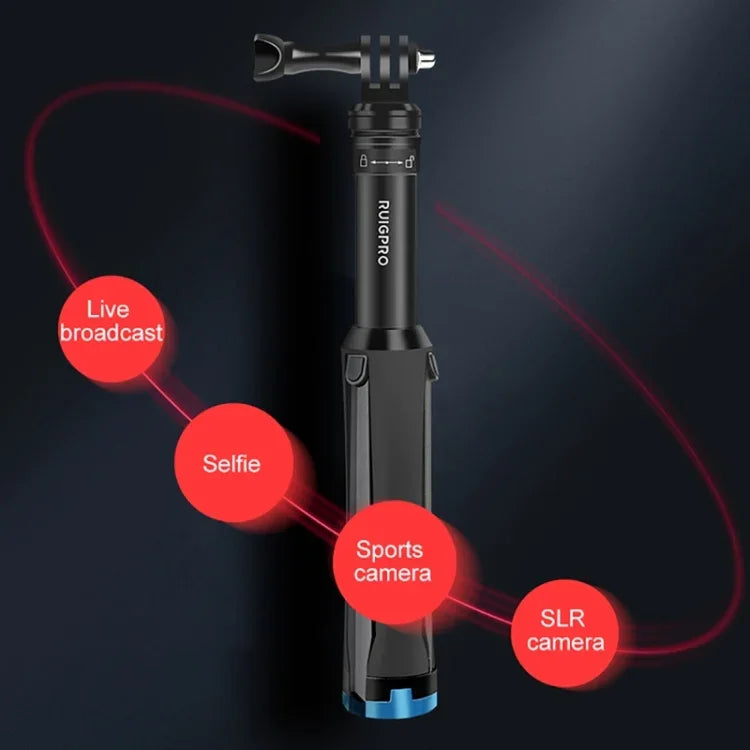 RUIGPRO حامل ثلاثي القوائم يدوي قطعة واحدة عصا سيلفي تلسكوبية لمثبت أحادي لـ GoPro، Insta360، DJI وكاميرات الحركة الأخرى، أسود