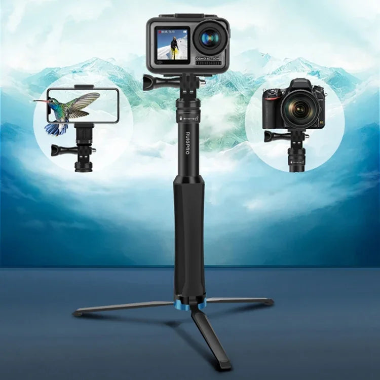 RUIGPRO حامل ثلاثي القوائم يدوي قطعة واحدة عصا سيلفي تلسكوبية لمثبت أحادي لـ GoPro، Insta360، DJI وكاميرات الحركة الأخرى، أسود