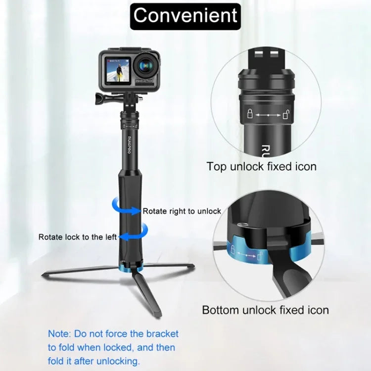 RUIGPRO حامل ثلاثي القوائم يدوي قطعة واحدة عصا سيلفي تلسكوبية لمثبت أحادي لـ GoPro، Insta360، DJI وكاميرات الحركة الأخرى، أسود