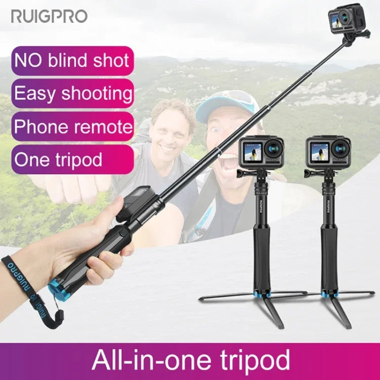 RUIGPRO حامل ثلاثي القوائم يدوي قطعة واحدة عصا سيلفي تلسكوبية لمثبت أحادي لـ GoPro، Insta360، DJI وكاميرات الحركة الأخرى، أسود