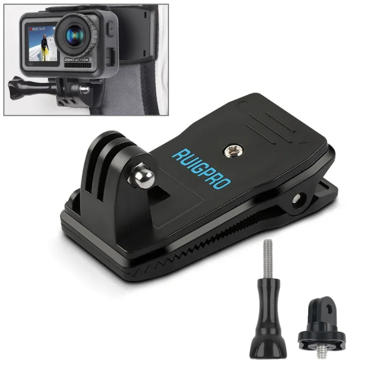 RUIGPRO مشبك تثبيت دوار بزاوية 360 درجة لحقيبة الظهر مع مسمار لـ GoPro، Insta360، DJI وكاميرات الحركة الأخرى، مشبك دوار 360 درجة